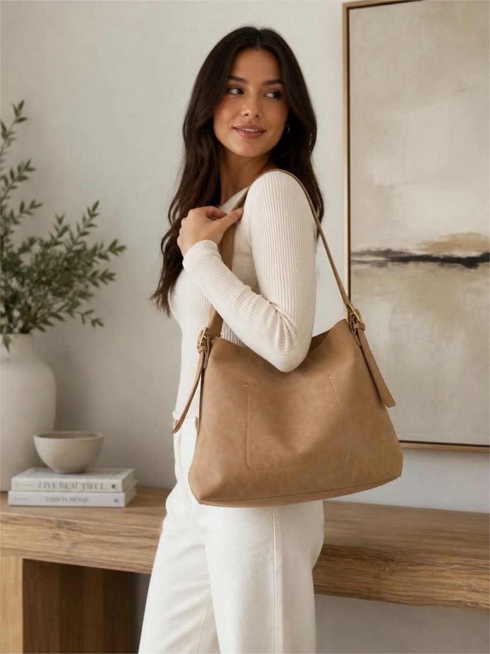 Women's Suede Shoulder Bag in Tan Gold Hardware tote
